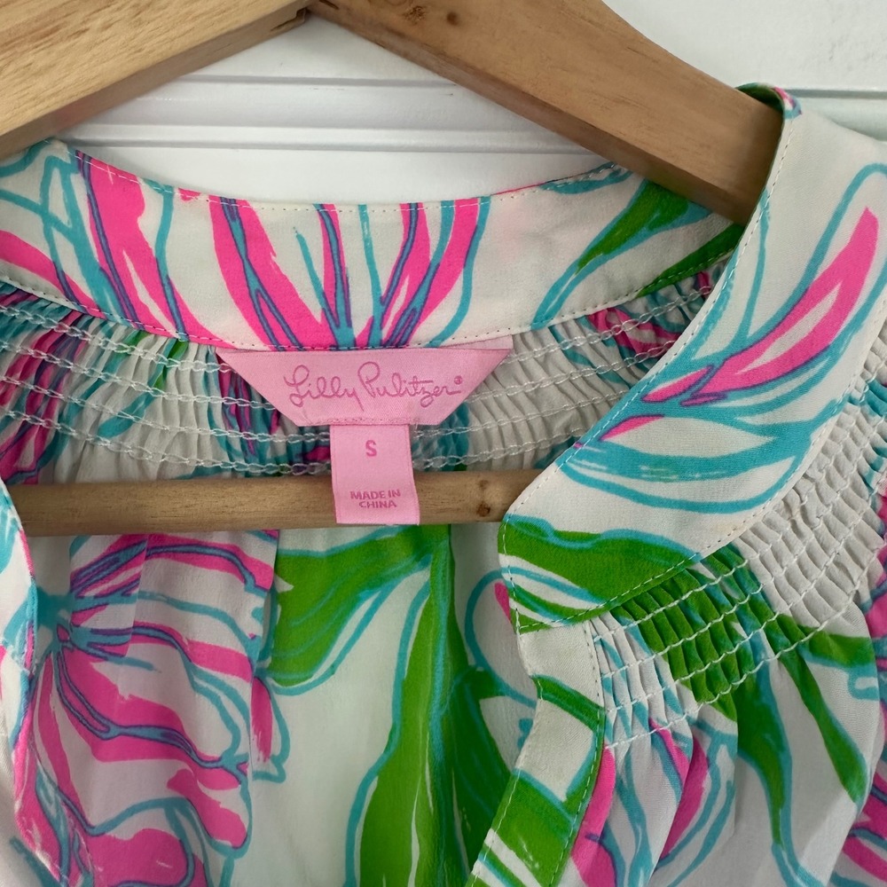 Lilly Pulitzer Houston Top Ring the Bellboy Silk Sleevless Tulips Pink Green‎ S - Picture 5 of 11
